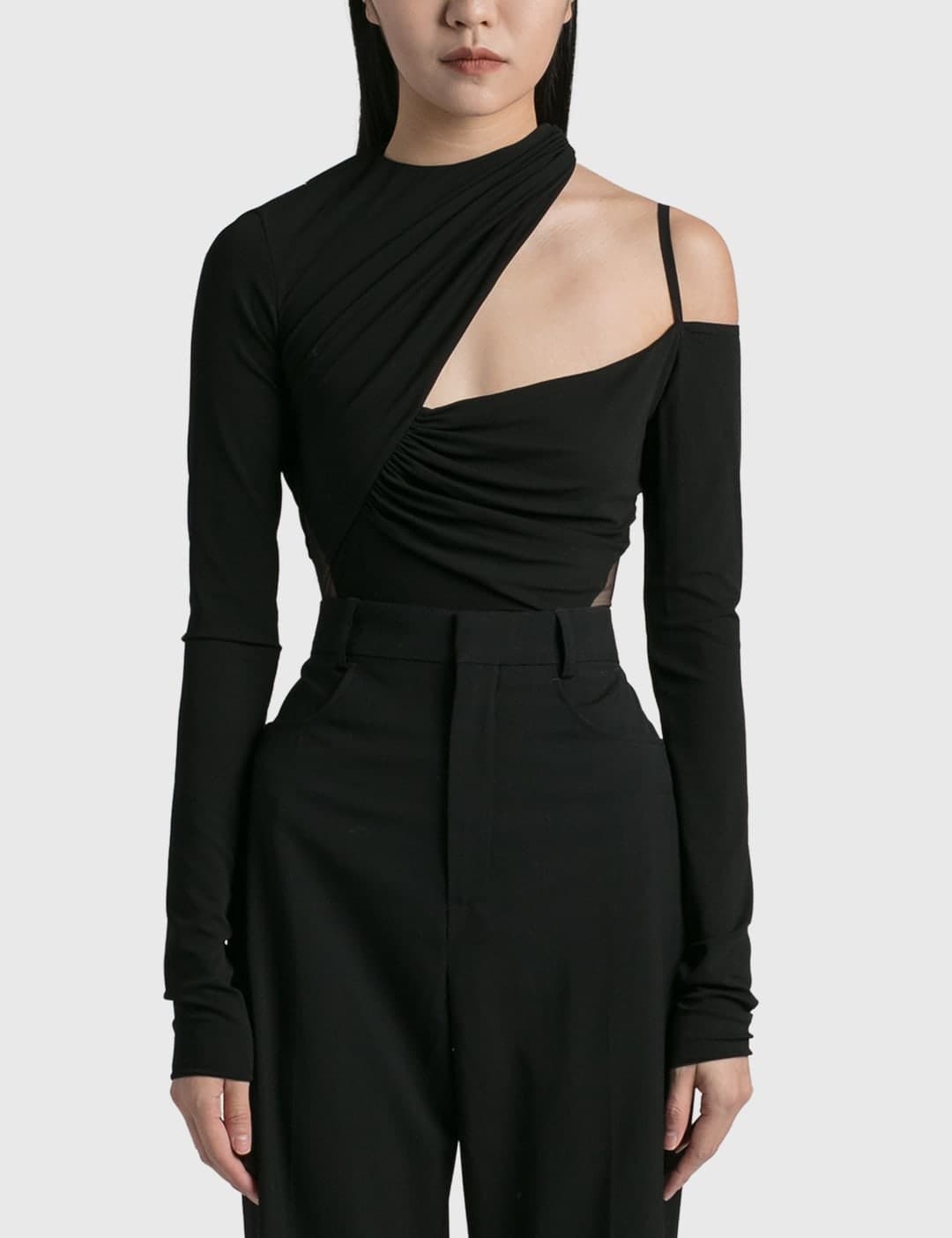 Gathered Asymmetric Long Sleeve Bodysuit