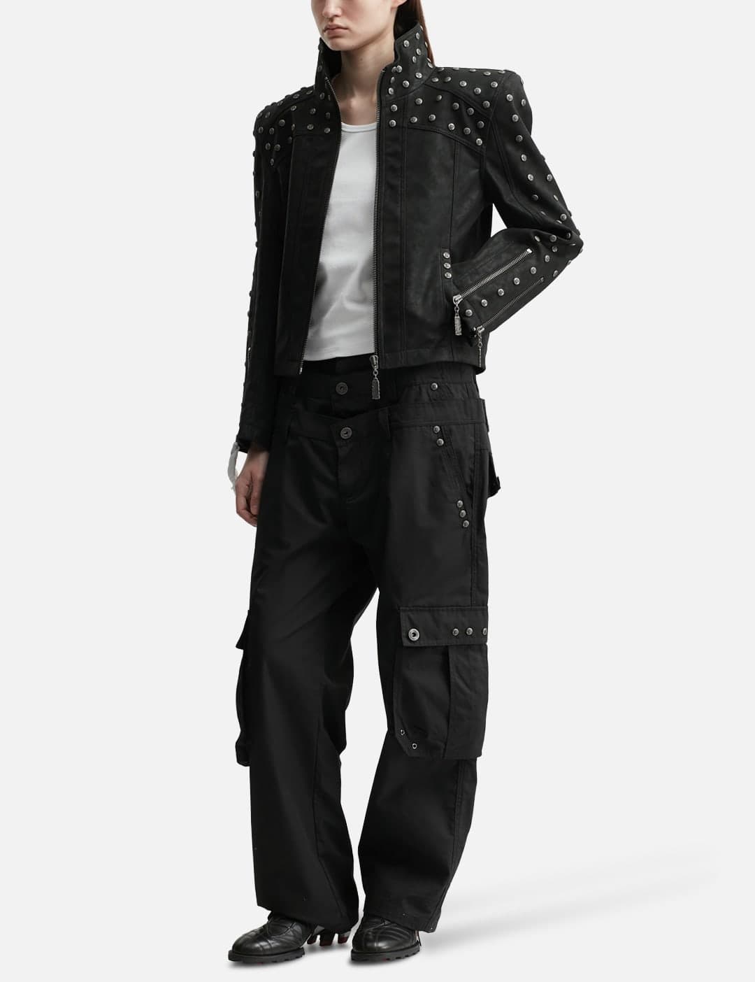Chan Studded PU Leather Jacket With Shoulder Pads view 4