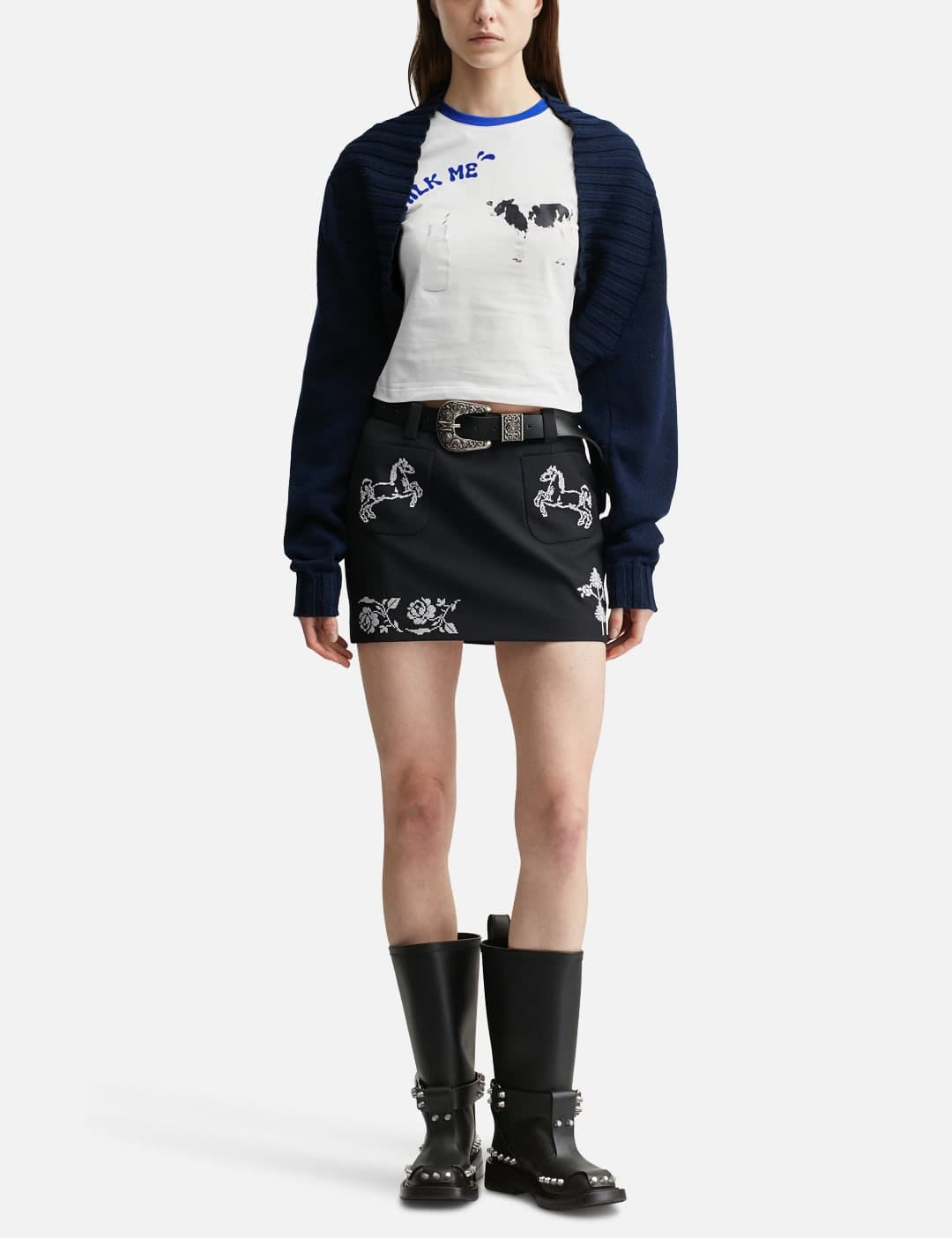 Black Cross Stitch Embroidered Skirt With Detachable Belt view 5
