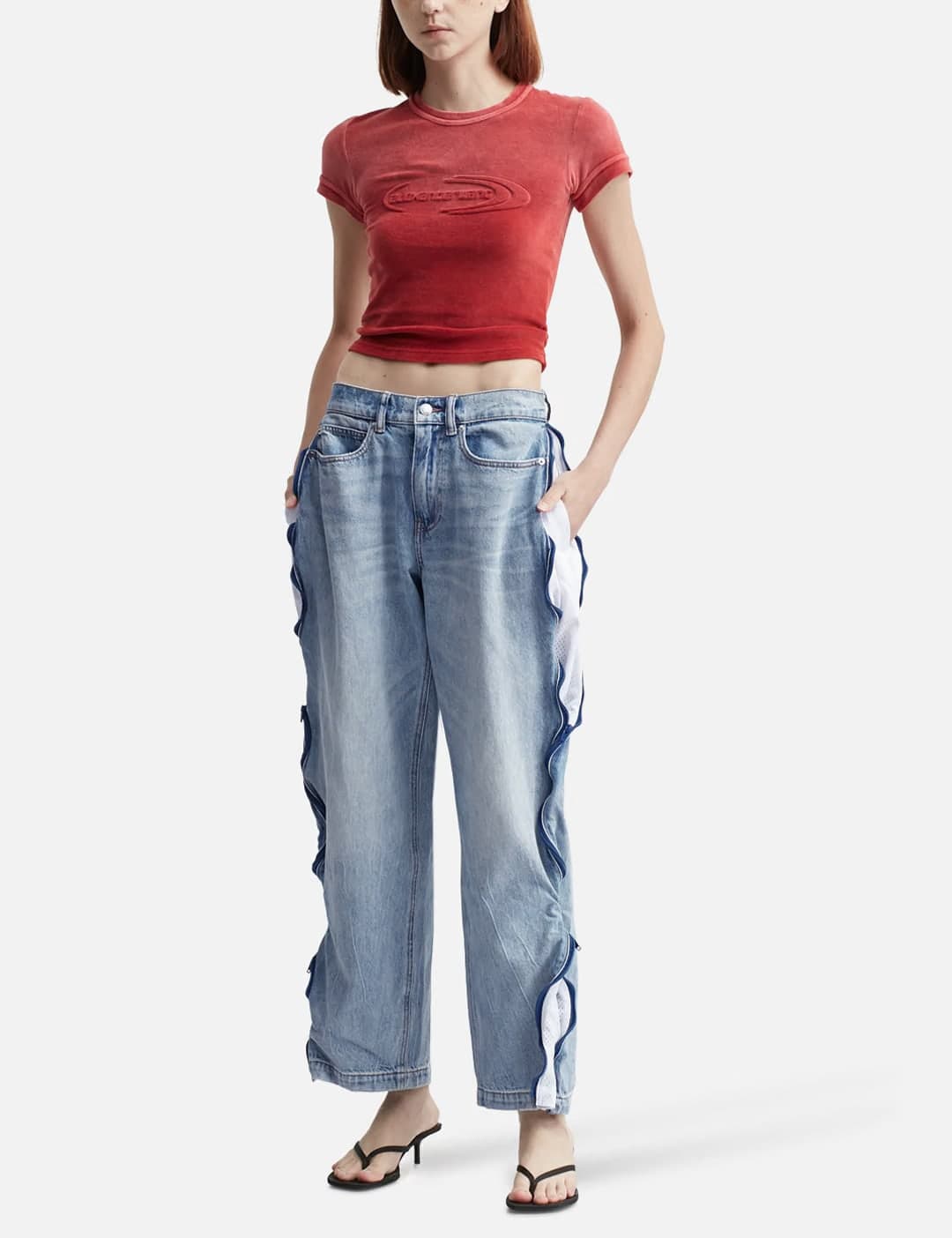 Bleach Blue Denim And Mesh Zipper Pants view 6