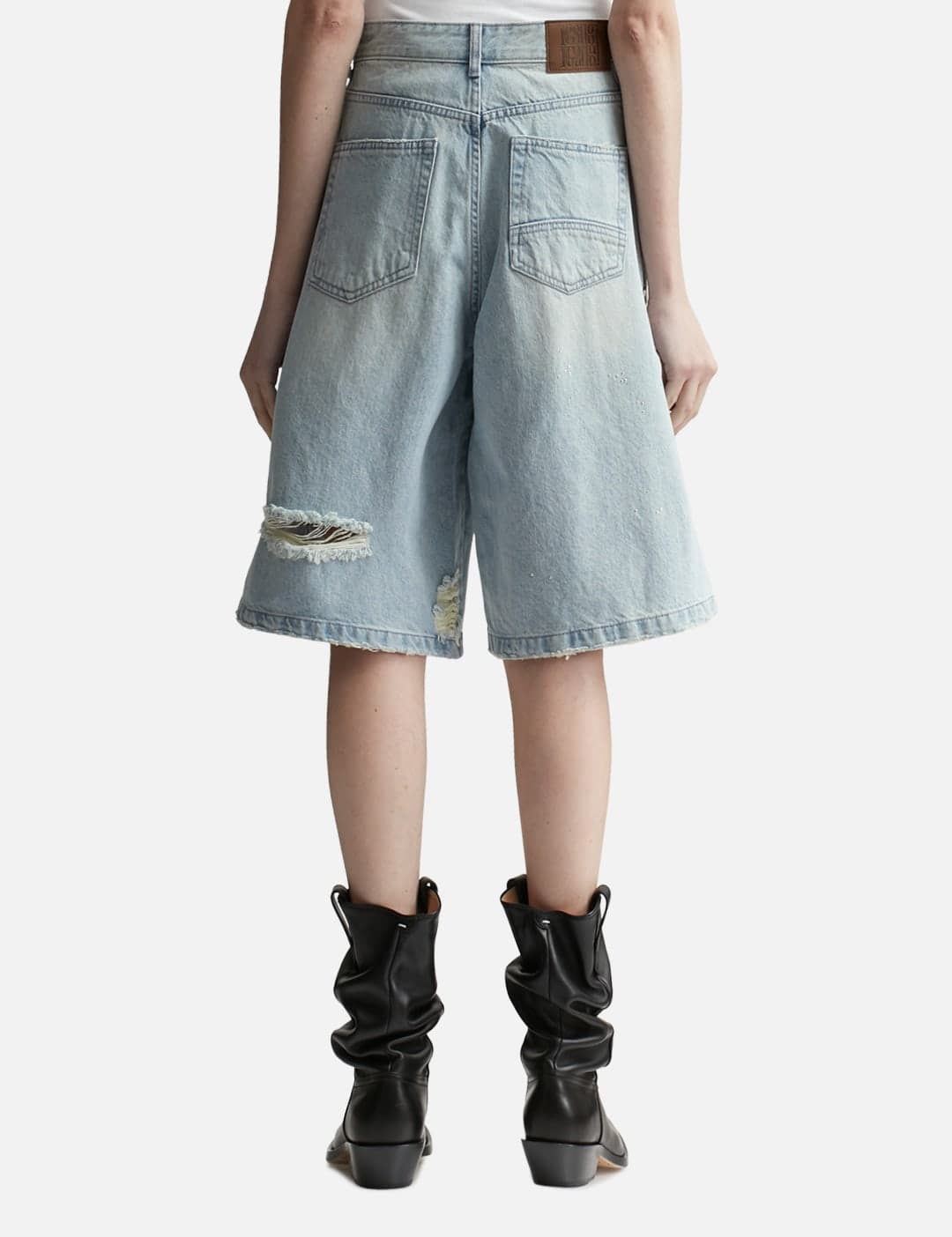 Crystal-Embellished Ripped Denim Shorts view 3