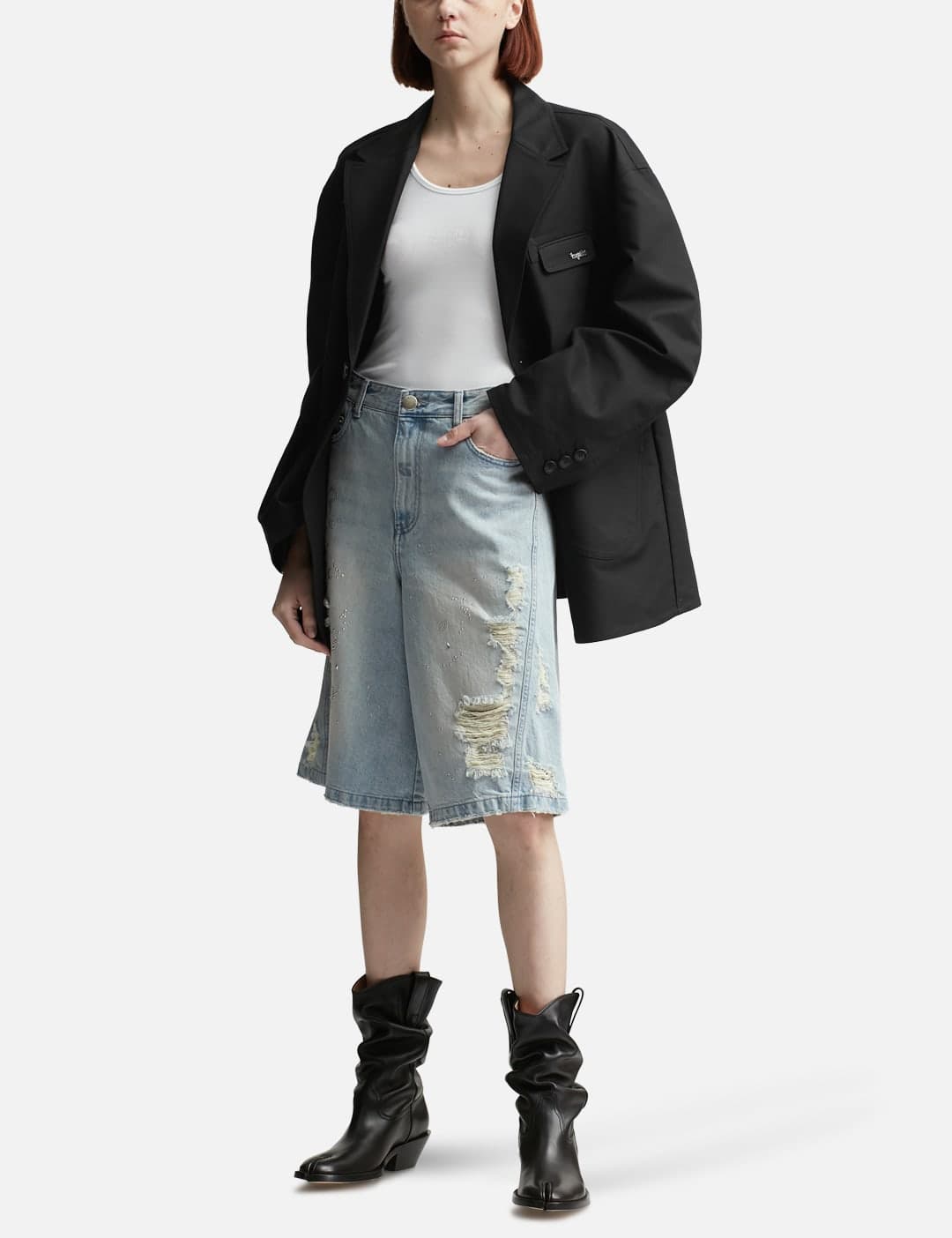 Crystal-Embellished Ripped Denim Shorts view 4