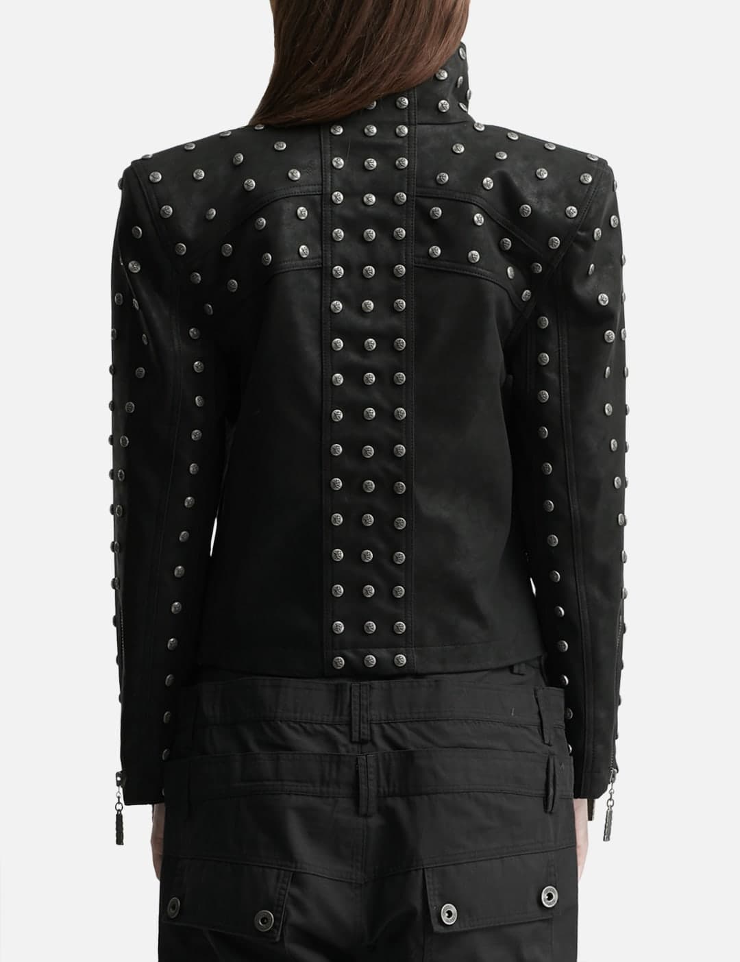 Chan Studded PU Leather Jacket With Shoulder Pads view 3