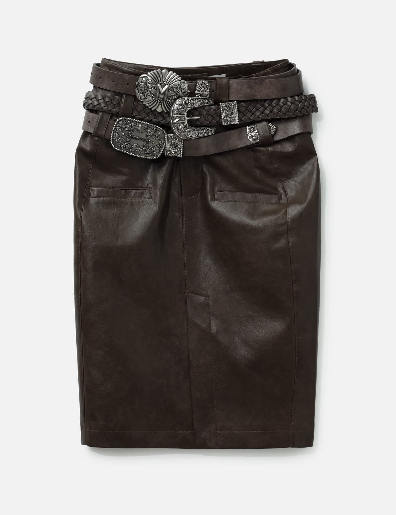 Brown Faux Leather Pencil Skirt With Detachable Belts