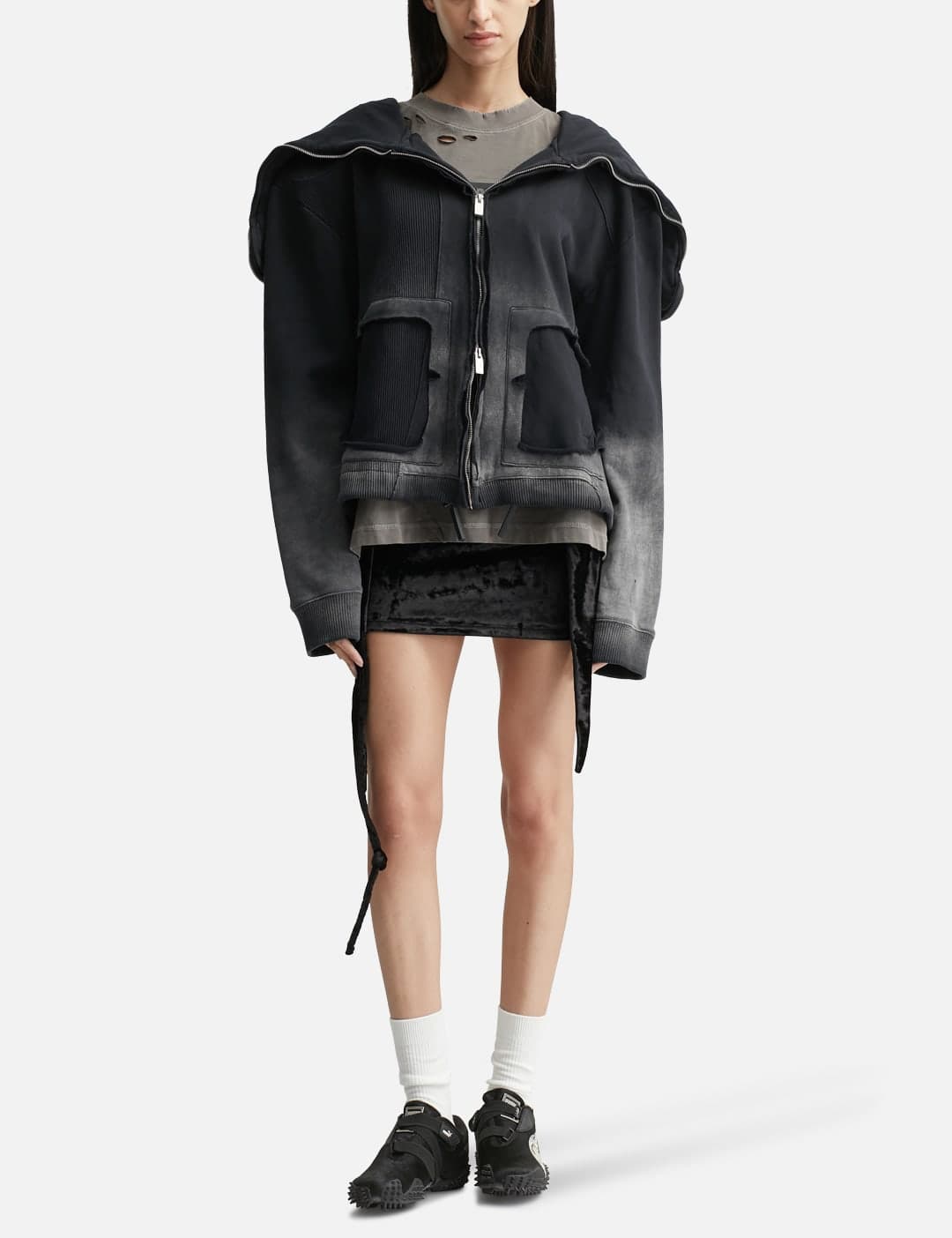 Panelled Padded Zipped Grey Hoodie view 4