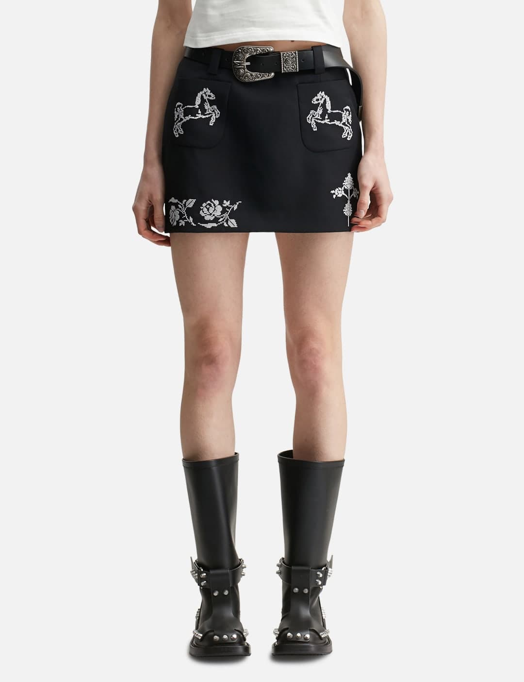 Black Cross Stitch Embroidered Skirt With Detachable Belt view 3