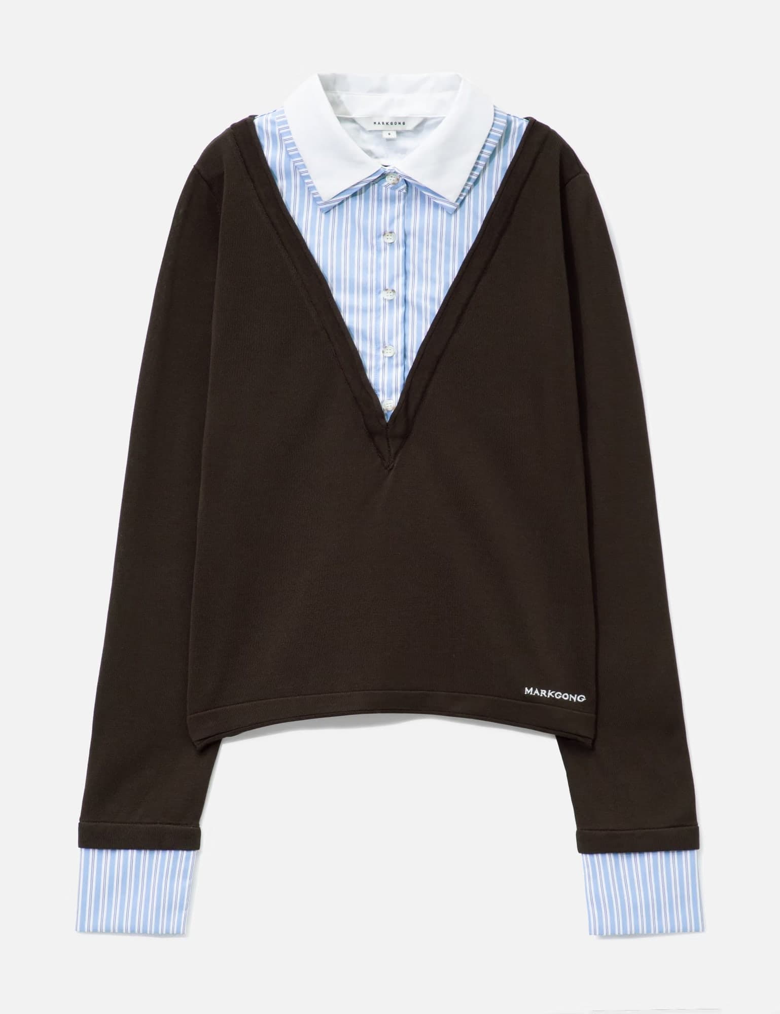 Brown Long-Sleeve Knit Top With Multi-Layer Collar