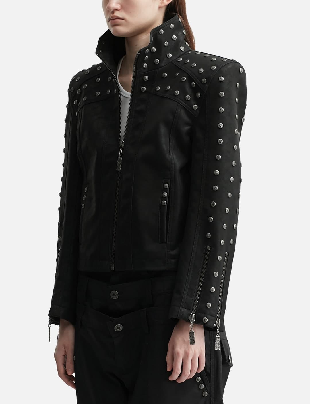 Chan Studded PU Leather Jacket With Shoulder Pads view 2
