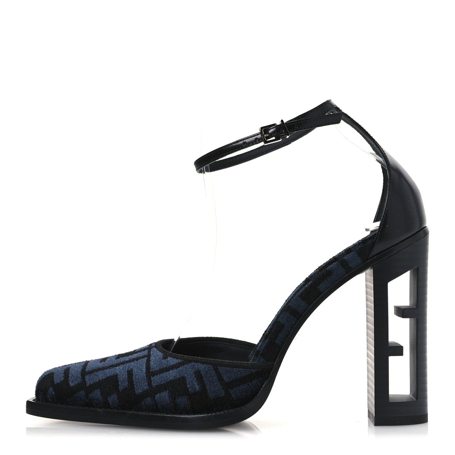 Chenille Jacquard FF Cut Baguette Ankle Strap 105mm Pumps 38 Black Blue
