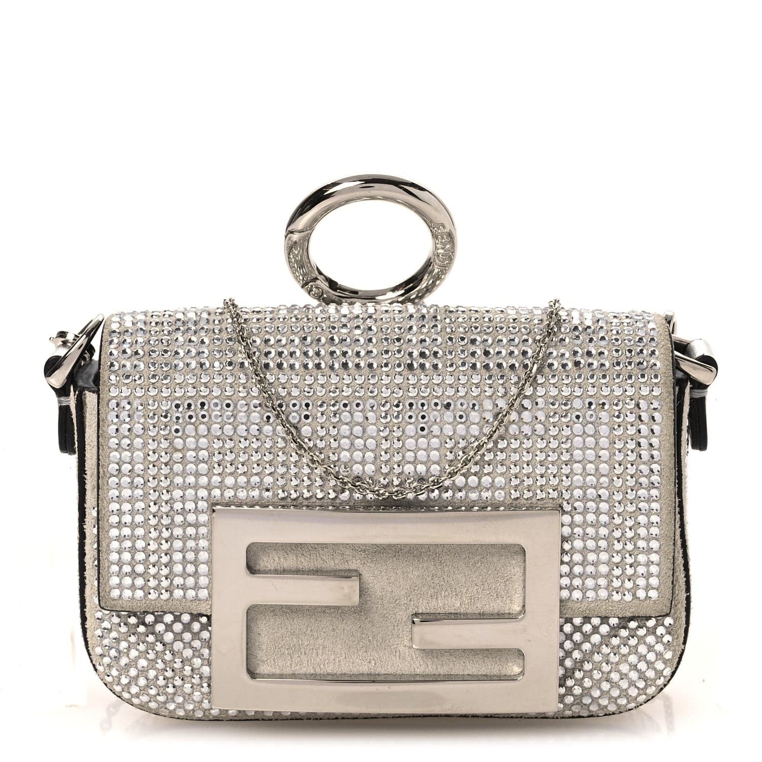 Crystal Vitello Laminato FF Nano Maxi Buckle Baguette Charm Crystal Argento